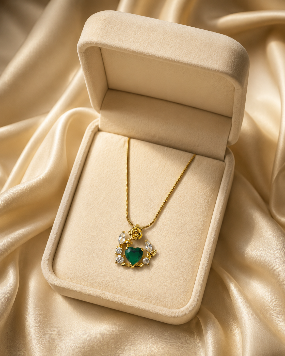 Gold-Plated Green Heart Crystal Rose Wreath Pendant Necklace