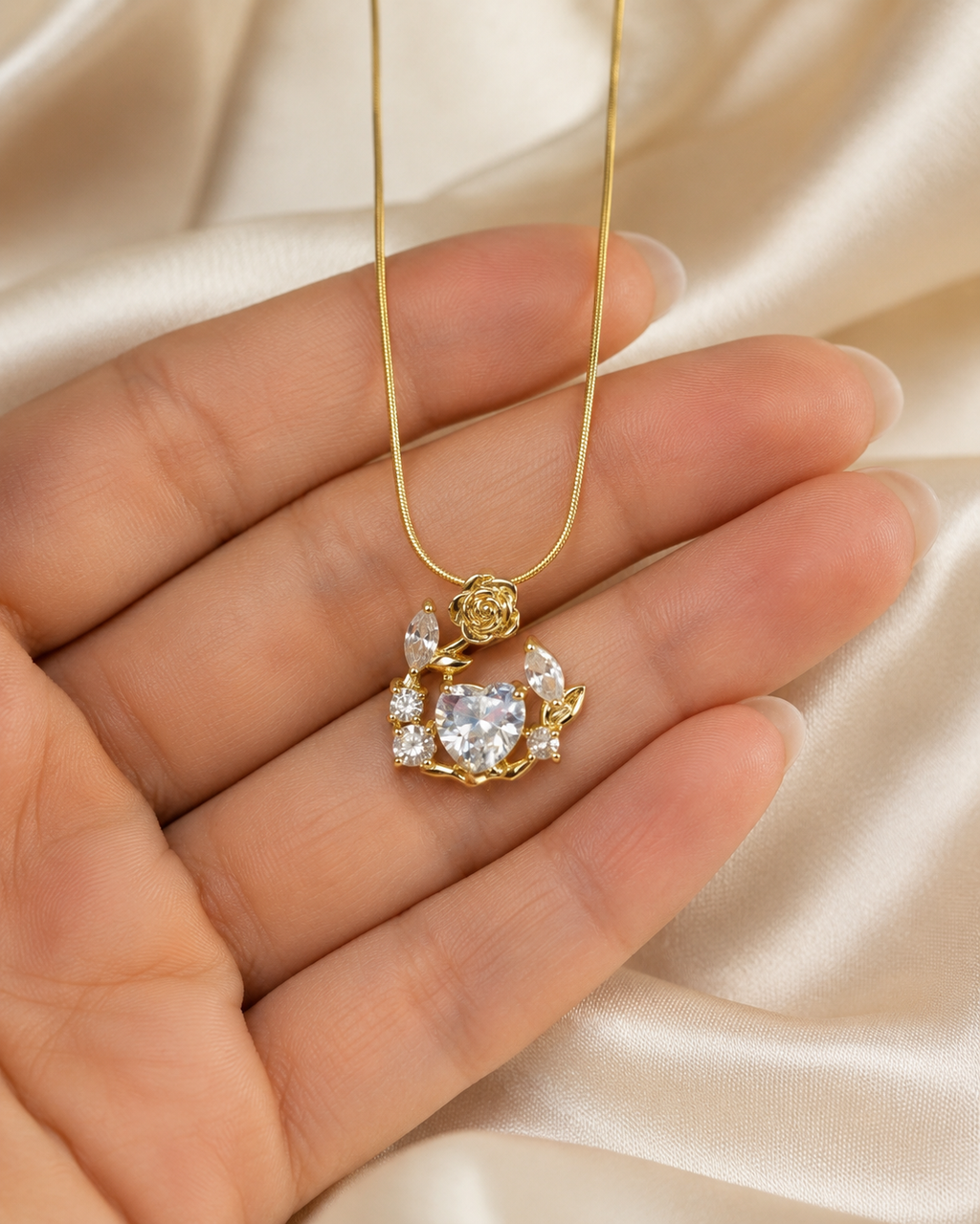 Gold-Plated White Heart Crystal Rose Wreath Pendant Necklace