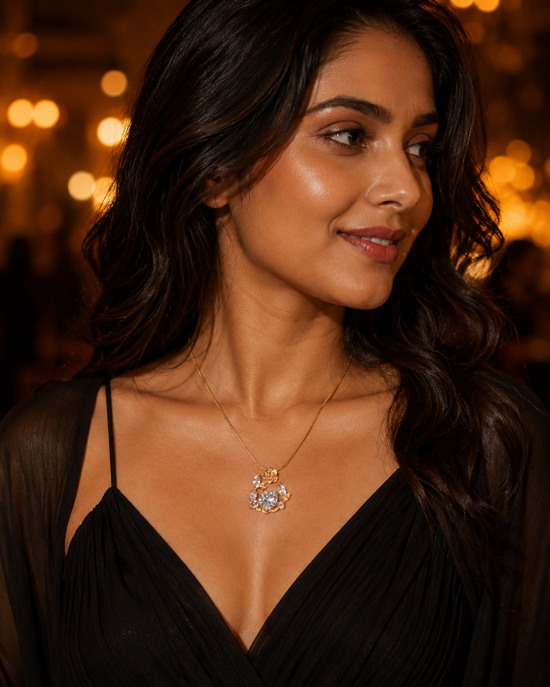 Gold-Plated White Heart Crystal Rose Wreath Pendant Necklace