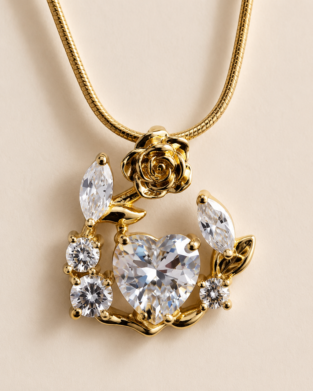 Gold-Plated White Heart Crystal Rose Wreath Pendant Necklace