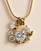 Gold-Plated White Heart Crystal Rose Wreath Pendant Necklace