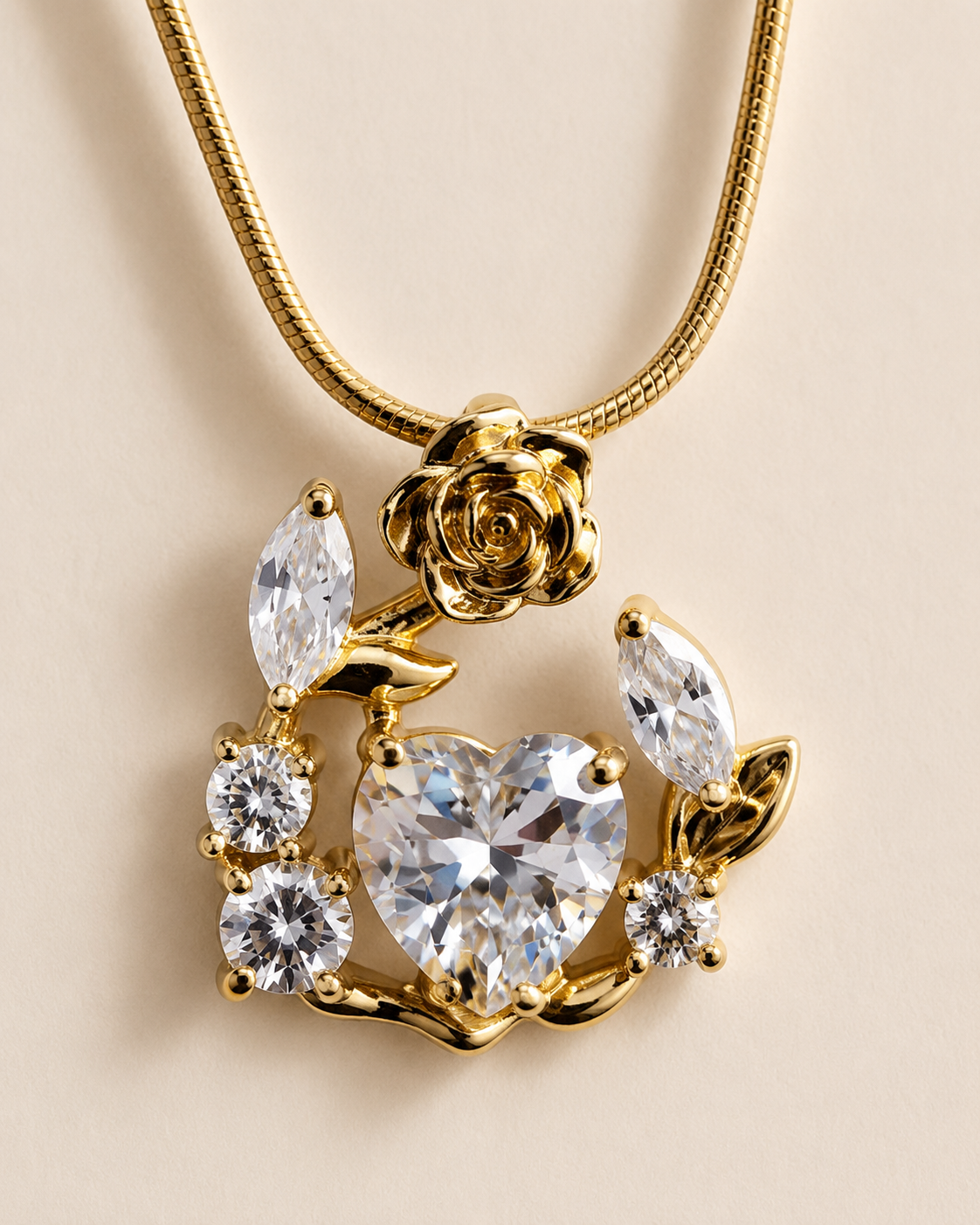Gold-Plated White Heart Crystal Rose Wreath Pendant Necklace