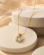 Gold-Plated White Heart Crystal Rose Wreath Pendant Necklace
