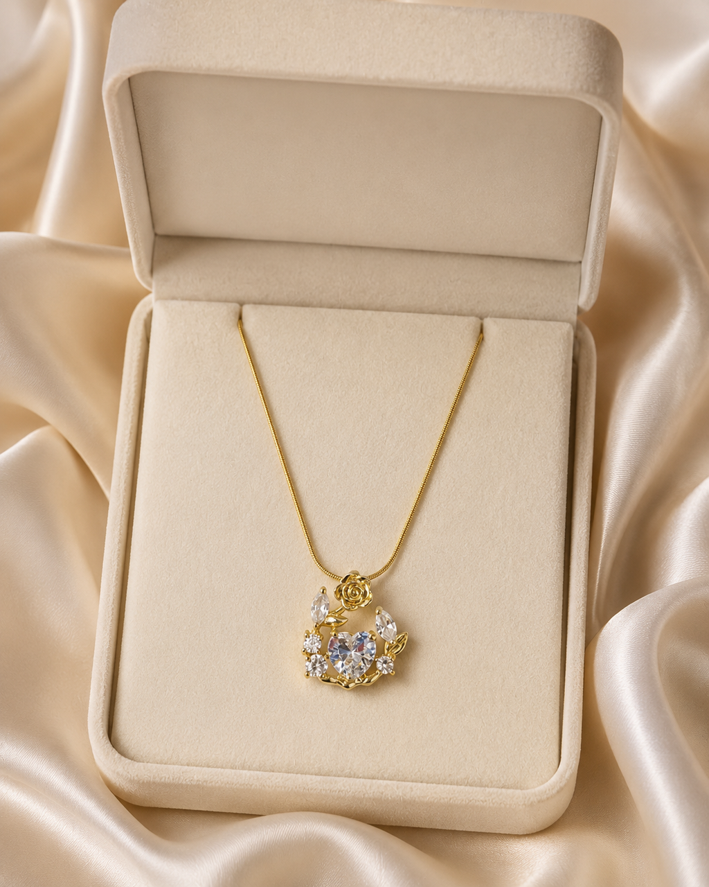 Gold-Plated White Heart Crystal Rose Wreath Pendant Necklace