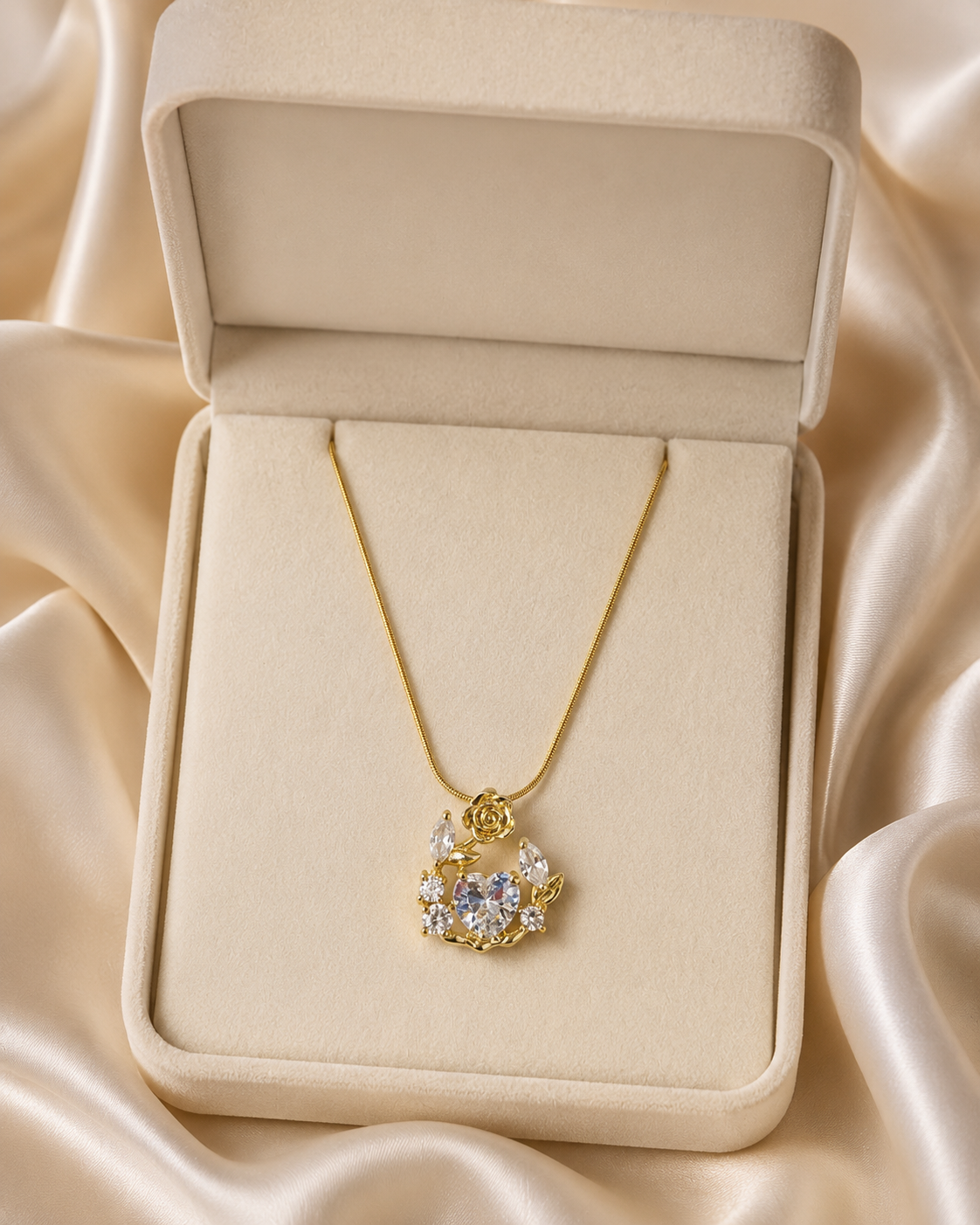 Gold-Plated White Heart Crystal Rose Wreath Pendant Necklace