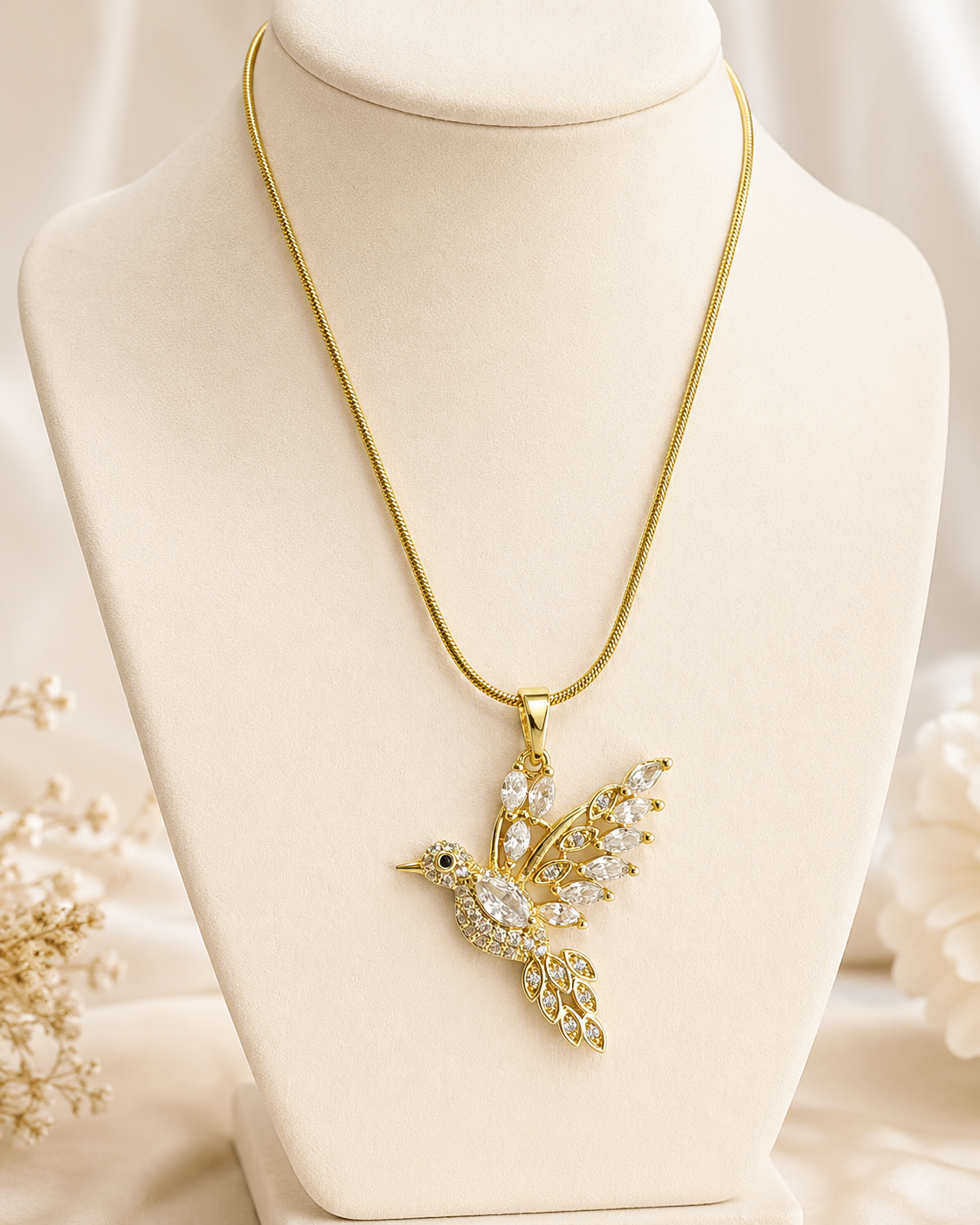 Gold-Plated White Crystal Hummingbird Pendant Necklace