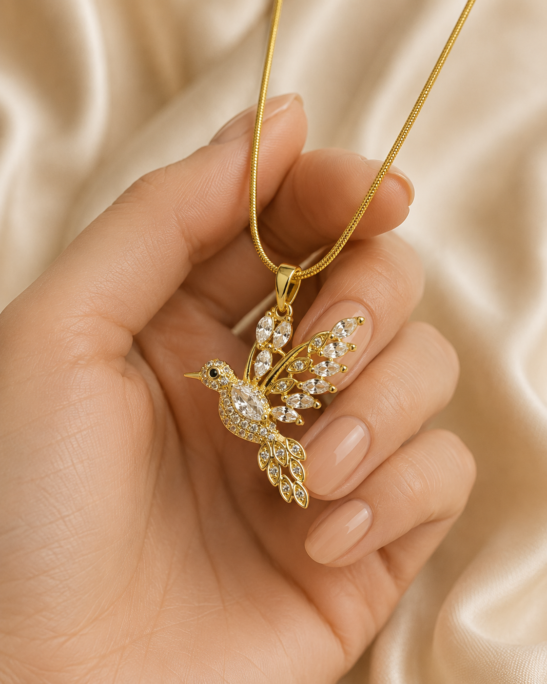 Gold-Plated White Crystal Hummingbird Pendant Necklace