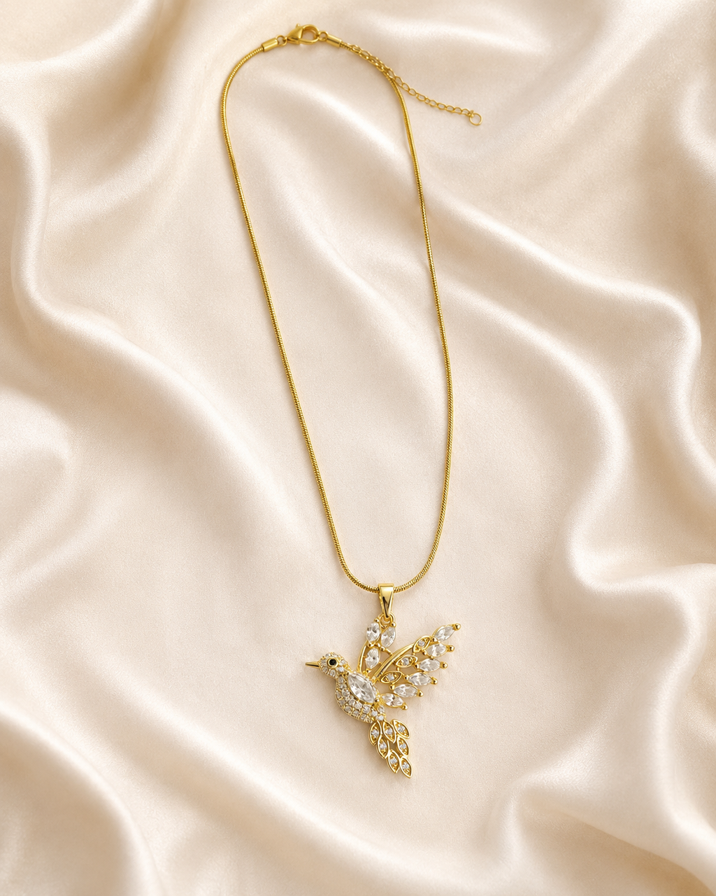 Gold-Plated White Crystal Hummingbird Pendant Necklace