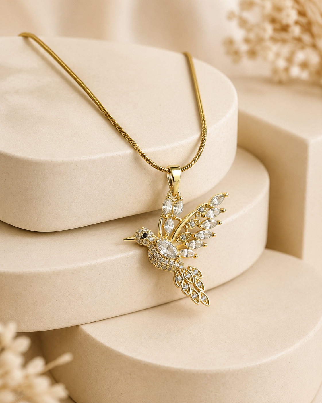 Gold-Plated White Crystal Hummingbird Pendant Necklace