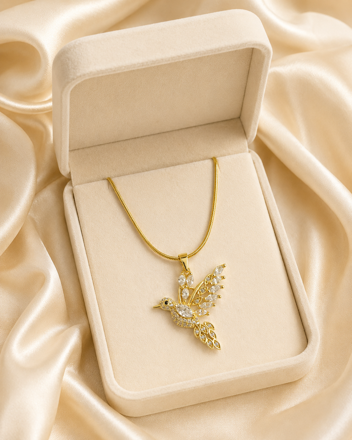 Gold-Plated White Crystal Hummingbird Pendant Necklace