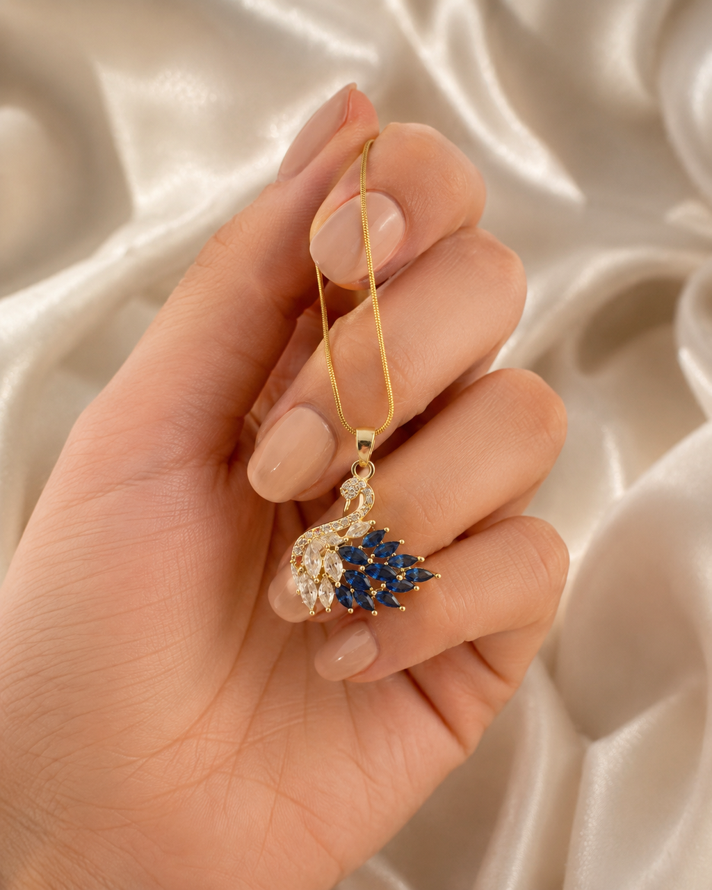 Gold-Plated Blue and White Crystal Swan Pendant Necklace