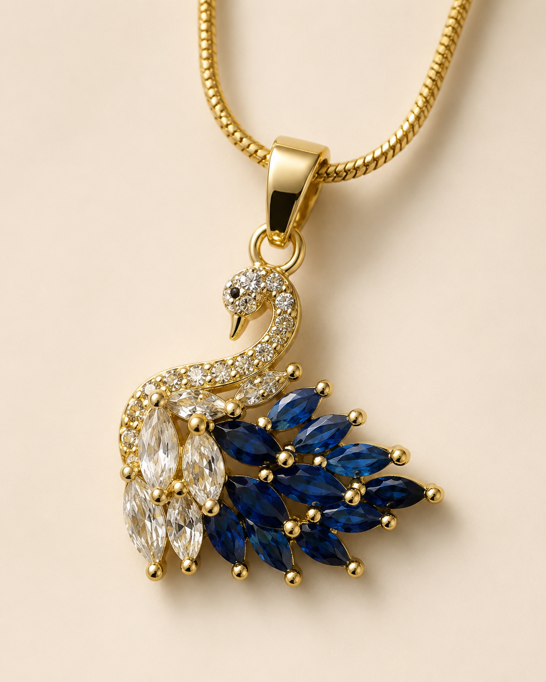 Gold-Plated Blue and White Crystal Swan Pendant Necklace