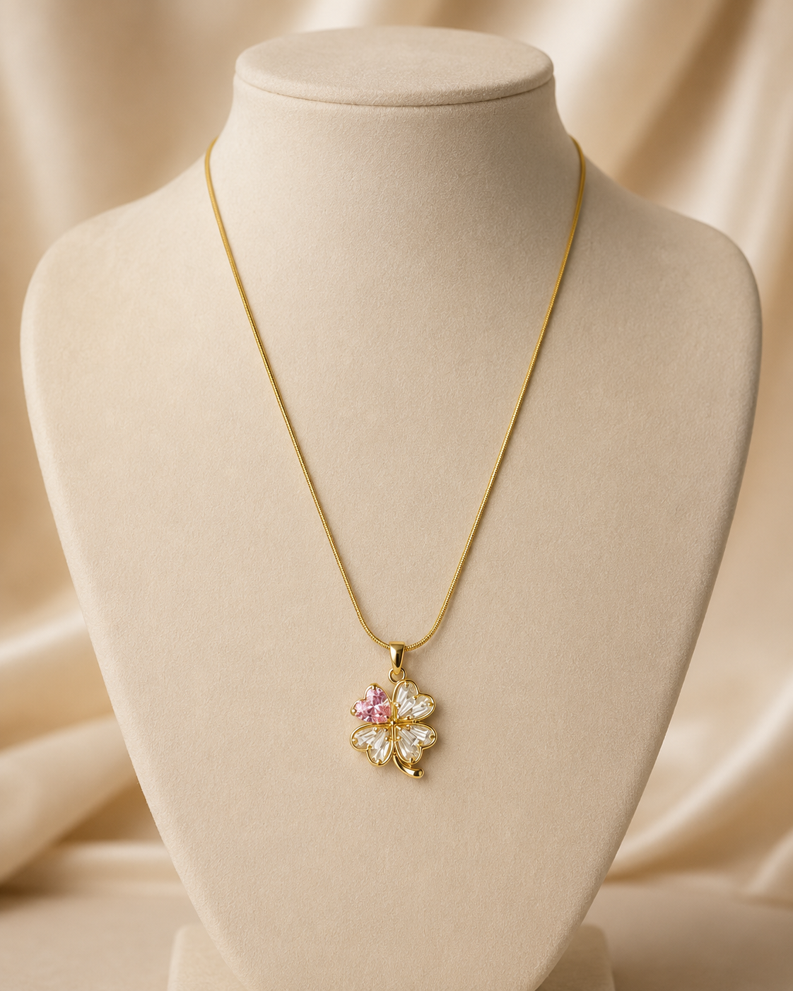 Gold-Plated Pink and White Crystal Four-Leaf Clover Pendant Necklace