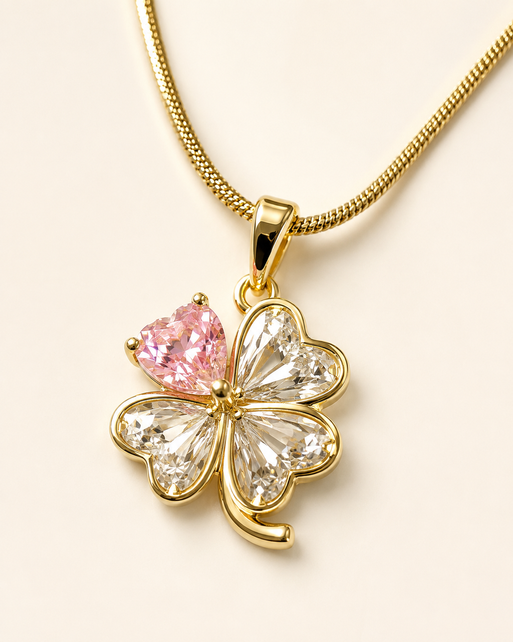 Gold-Plated Pink and White Crystal Four-Leaf Clover Pendant Necklace