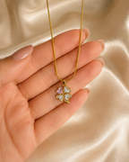 Gold-Plated Pink and White Crystal Four-Leaf Clover Pendant Necklace