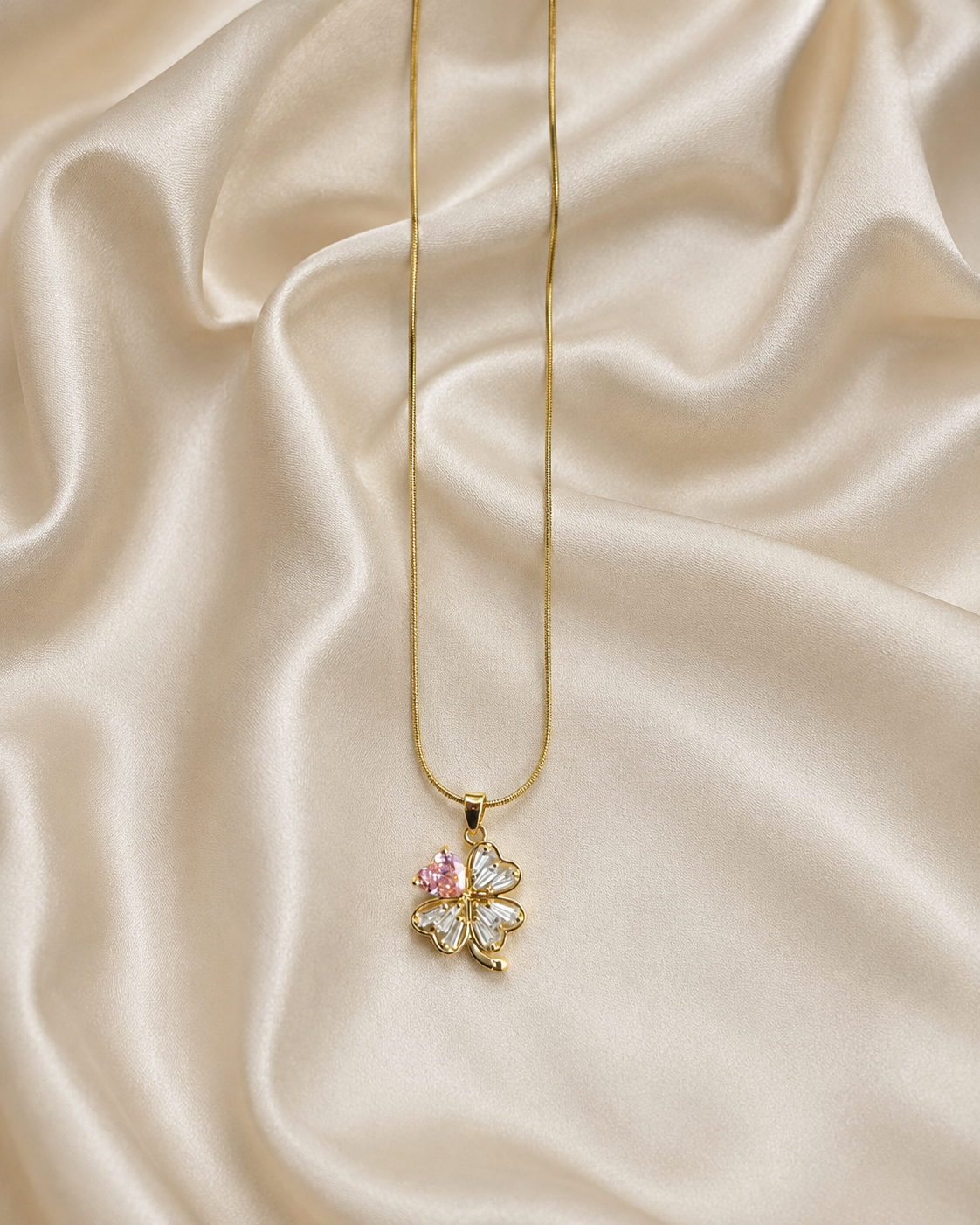 Gold-Plated Pink and White Crystal Four-Leaf Clover Pendant Necklace
