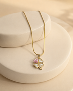 Gold-Plated Pink and White Crystal Four-Leaf Clover Pendant Necklace