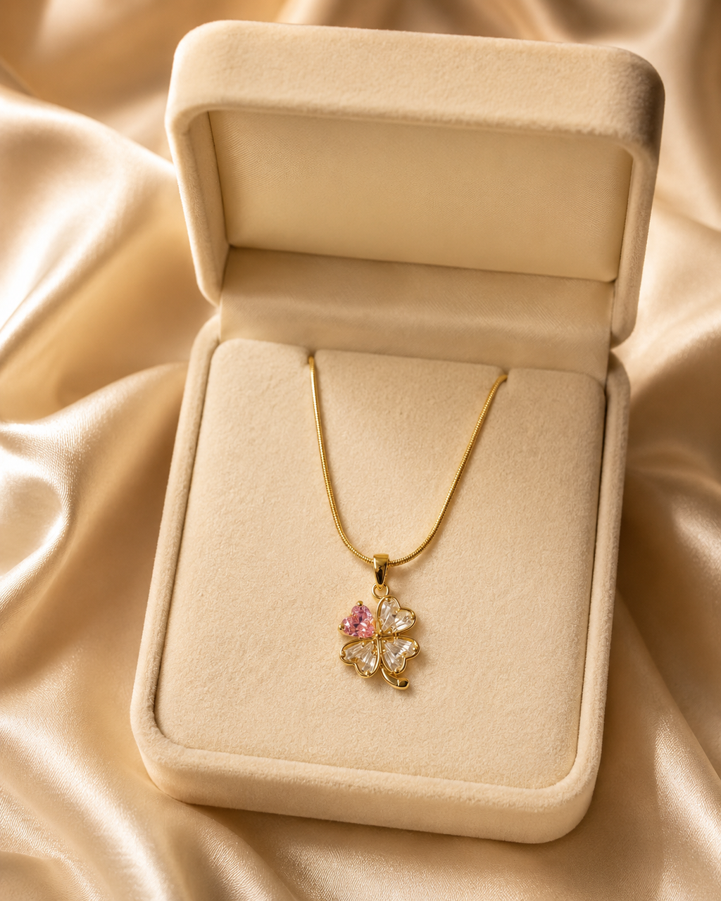Gold-Plated Pink and White Crystal Four-Leaf Clover Pendant Necklace
