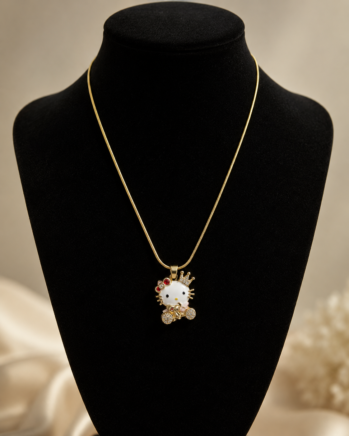 Gold-Plated Crowned Cat Crystal Pendant Necklace