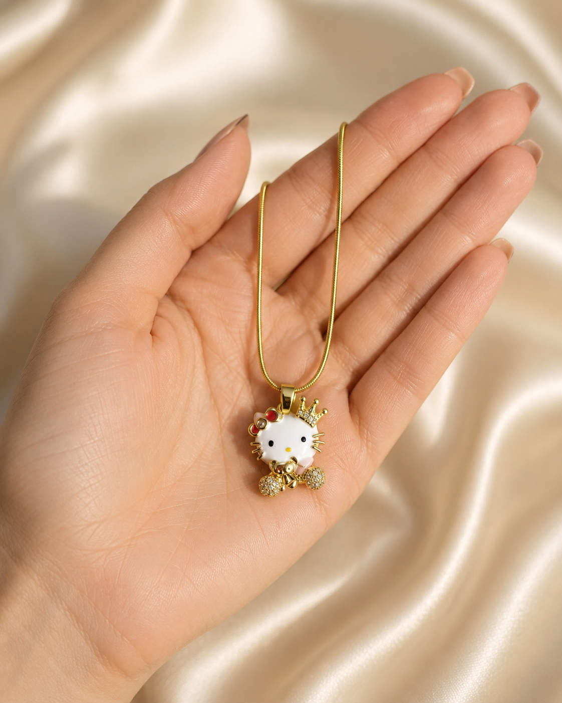 Gold-Plated Crowned Cat Crystal Pendant Necklace