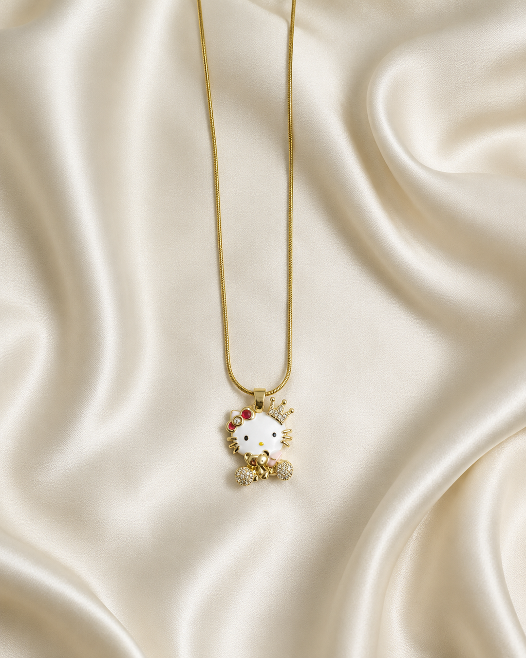 Gold-Plated Crowned Cat Crystal Pendant Necklace