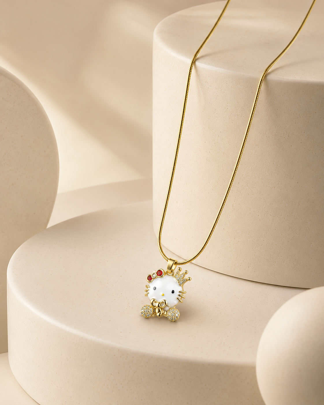 Gold-Plated Crowned Cat Crystal Pendant Necklace