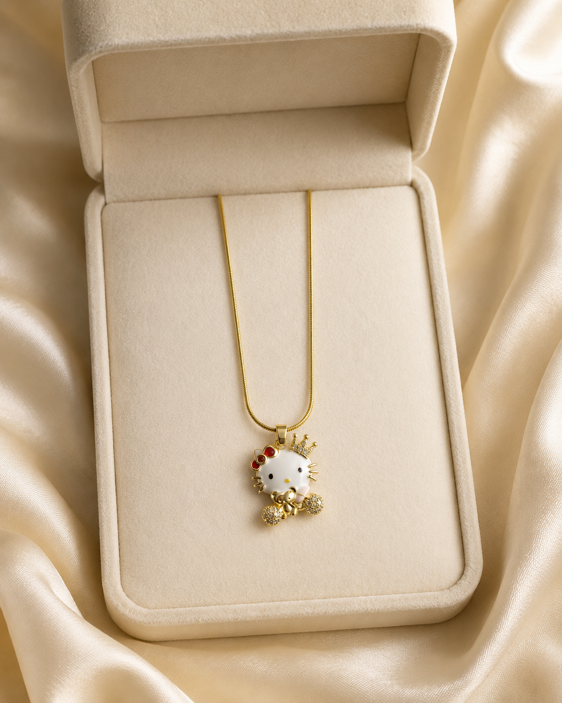 Gold-Plated Crowned Cat Crystal Pendant Necklace
