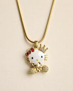 Gold-Plated Crowned Cat Crystal Pendant Necklace