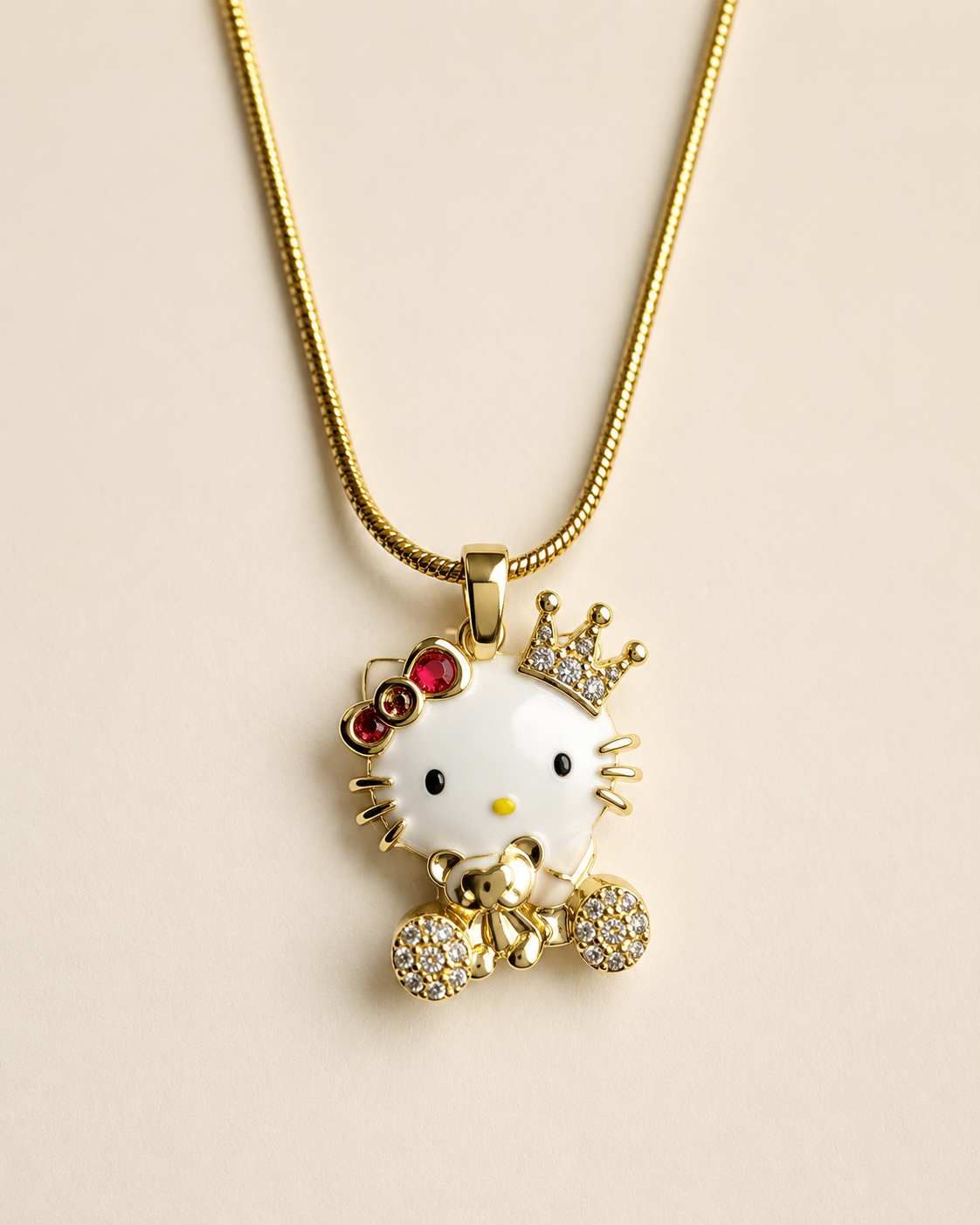 Gold-Plated Crowned Cat Crystal Pendant Necklace