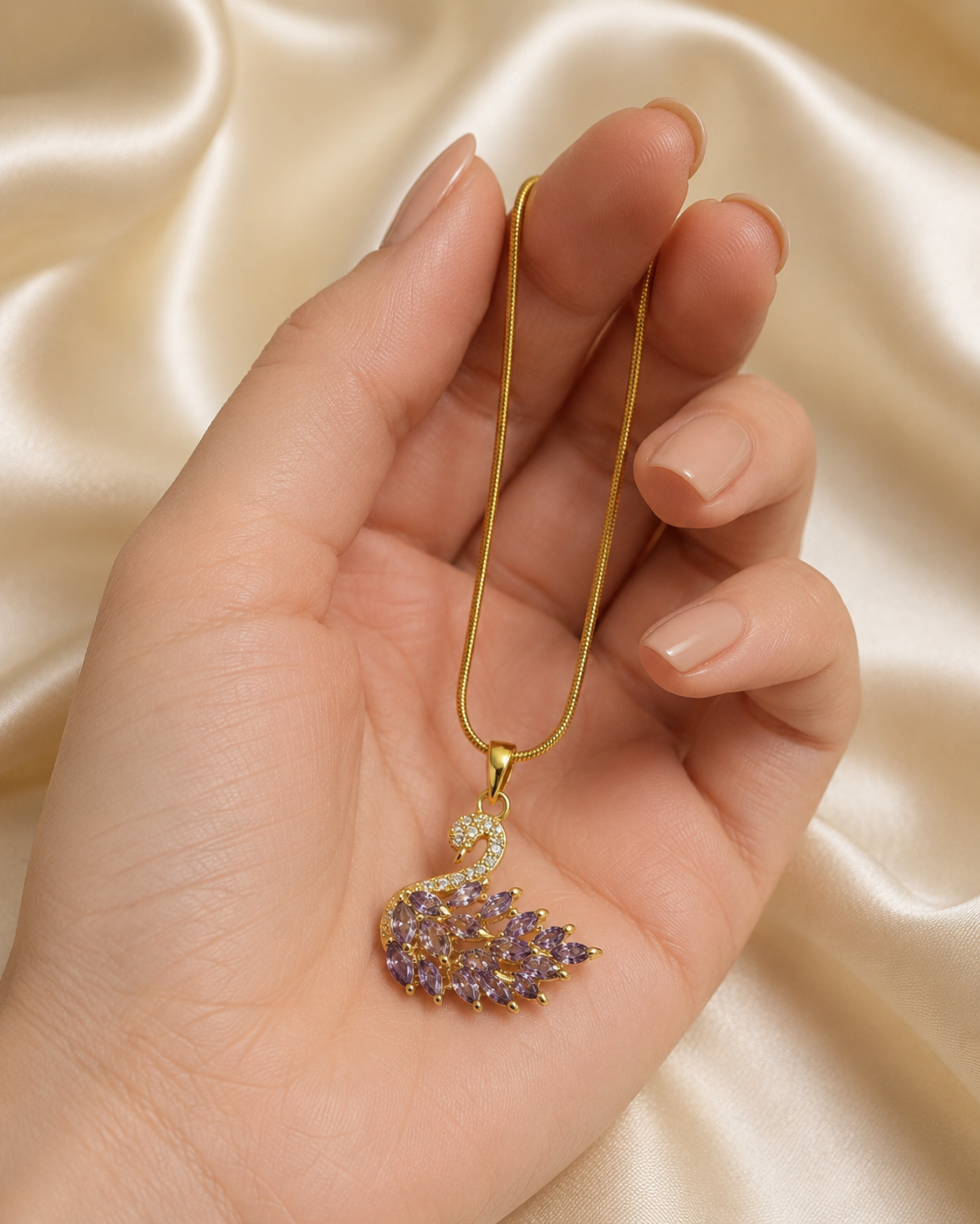 Gold-Plated Lavender Crystal Swan Pendant Necklace