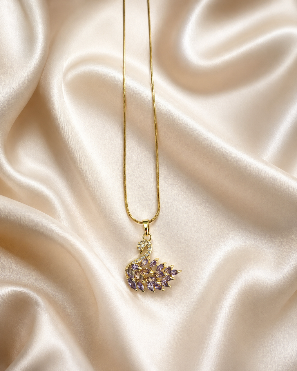 Gold-Plated Lavender Crystal Swan Pendant Necklace