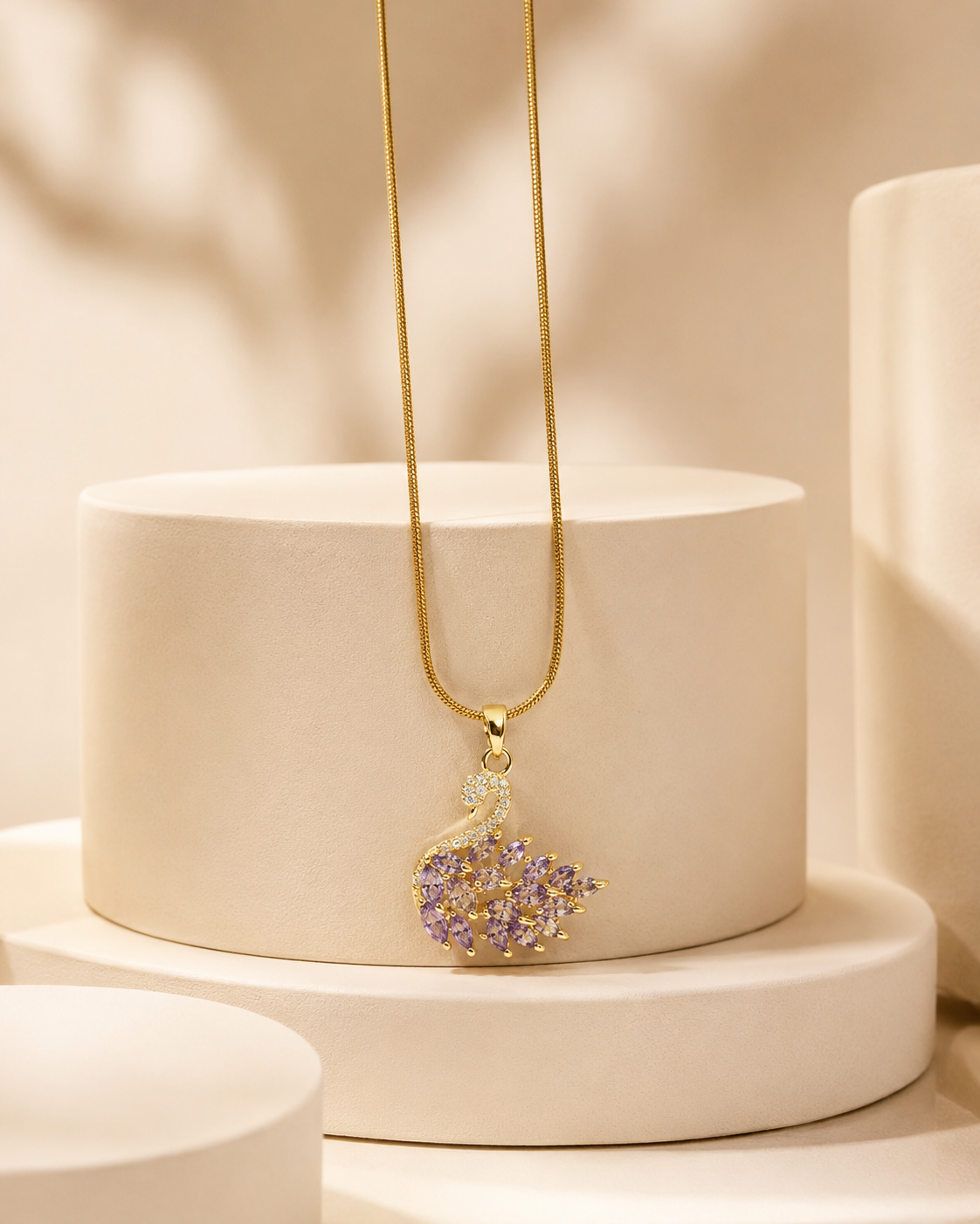 Gold-Plated Lavender Crystal Swan Pendant Necklace