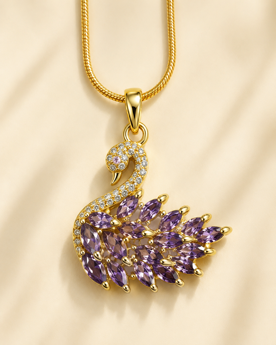 Gold-Plated Lavender Crystal Swan Pendant Necklace