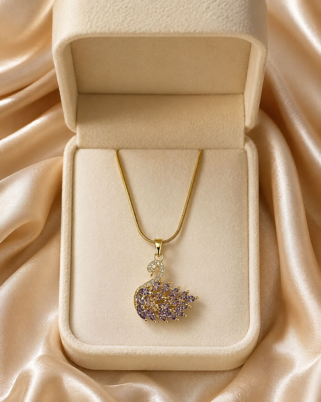 Gold-Plated Lavender Crystal Swan Pendant Necklace