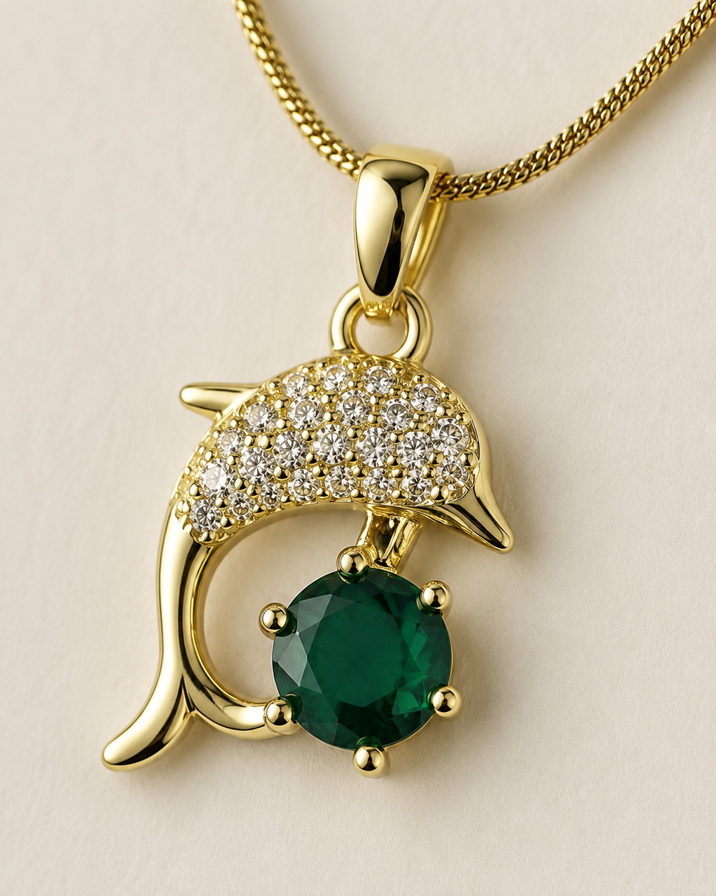Gold-Plated Green Crystal Dolphin Pendant Necklace