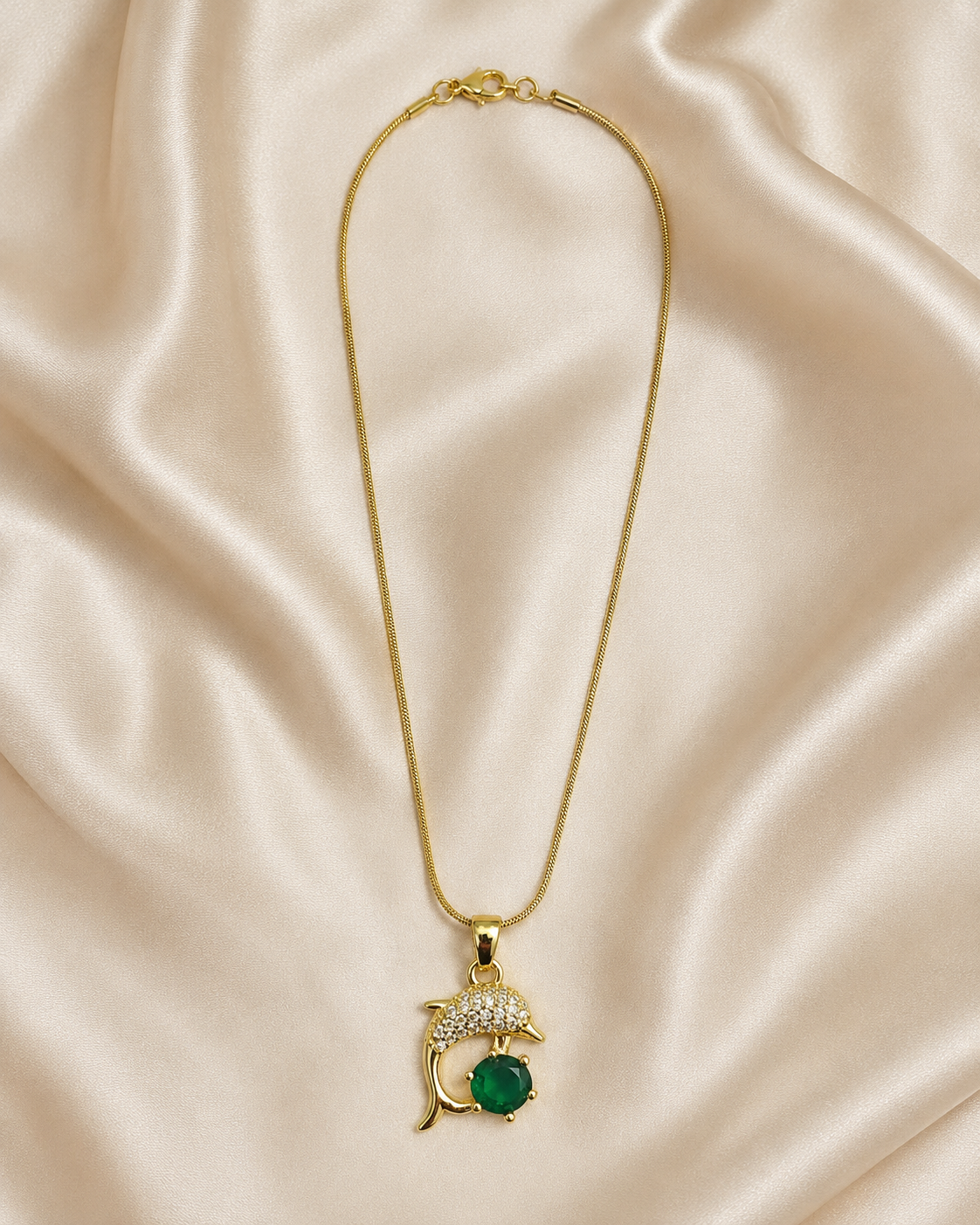 Gold-Plated Green Crystal Dolphin Pendant Necklace