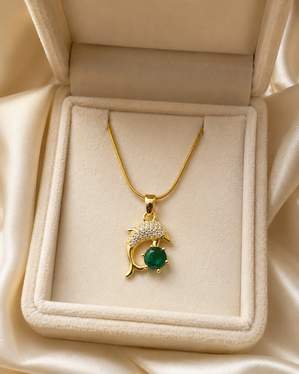 Gold-Plated Green Crystal Dolphin Pendant Necklace