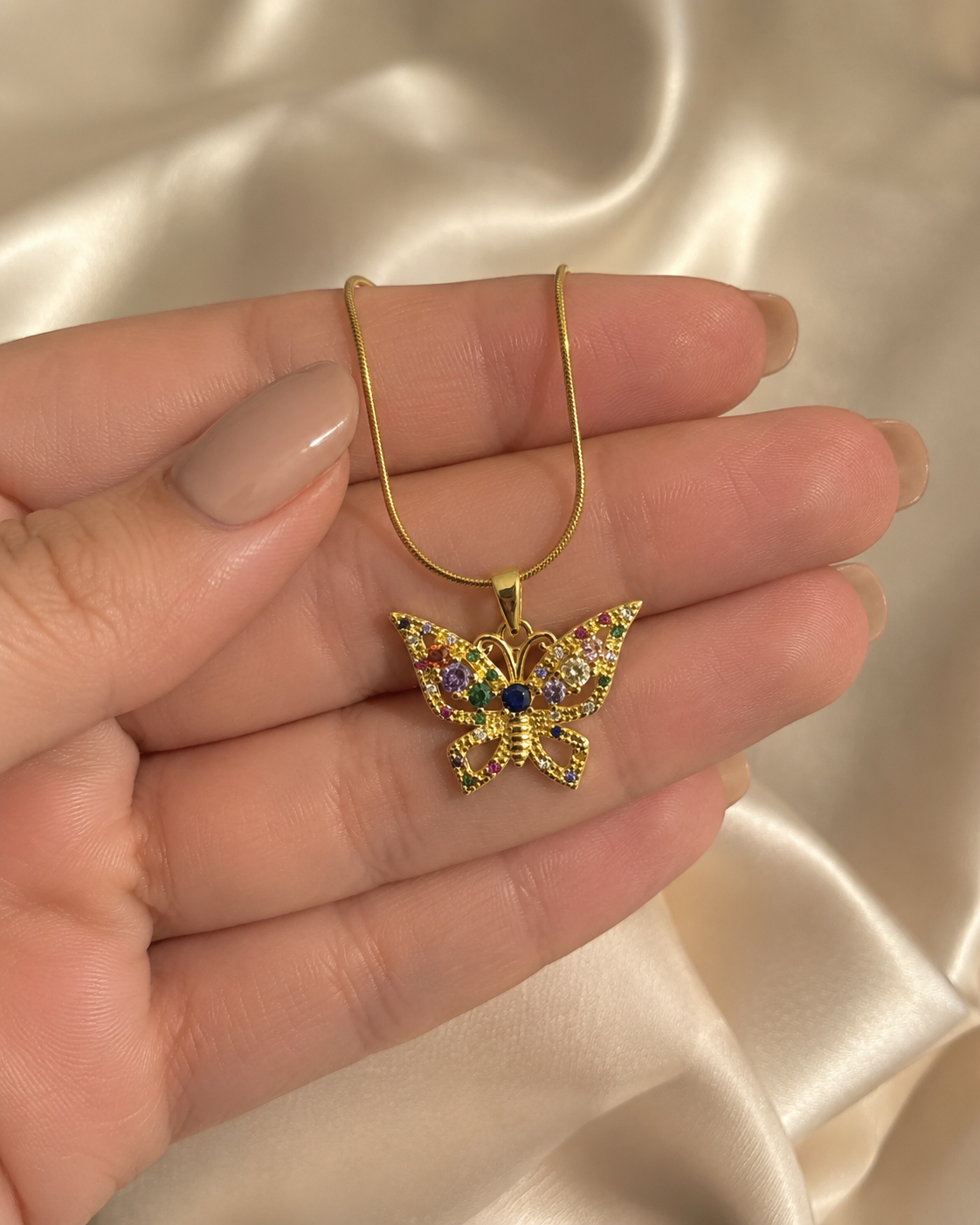 Gold-Plated Multicolour Crystal Butterfly Pendant Necklace