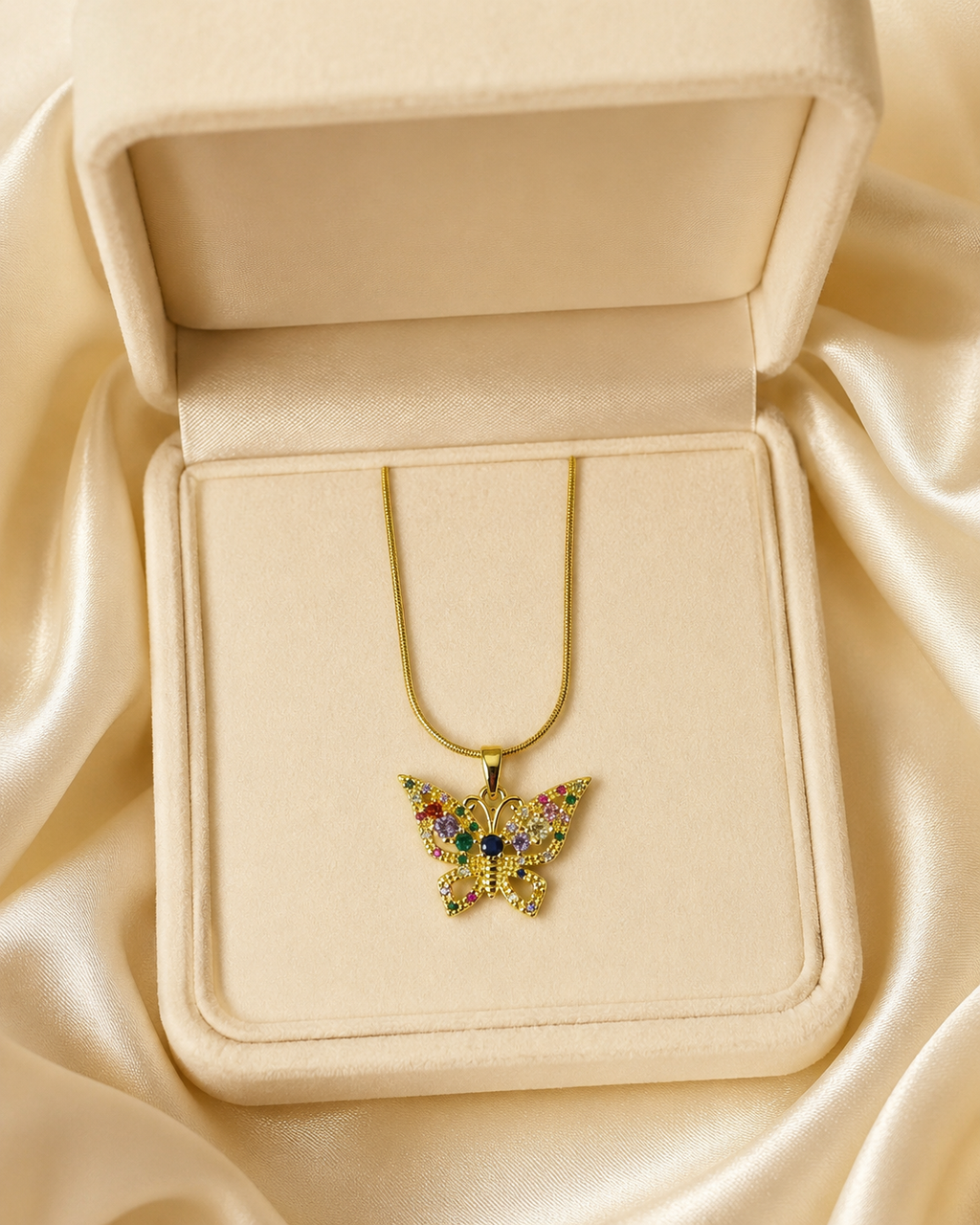 Gold-Plated Multicolour Crystal Butterfly Pendant Necklace