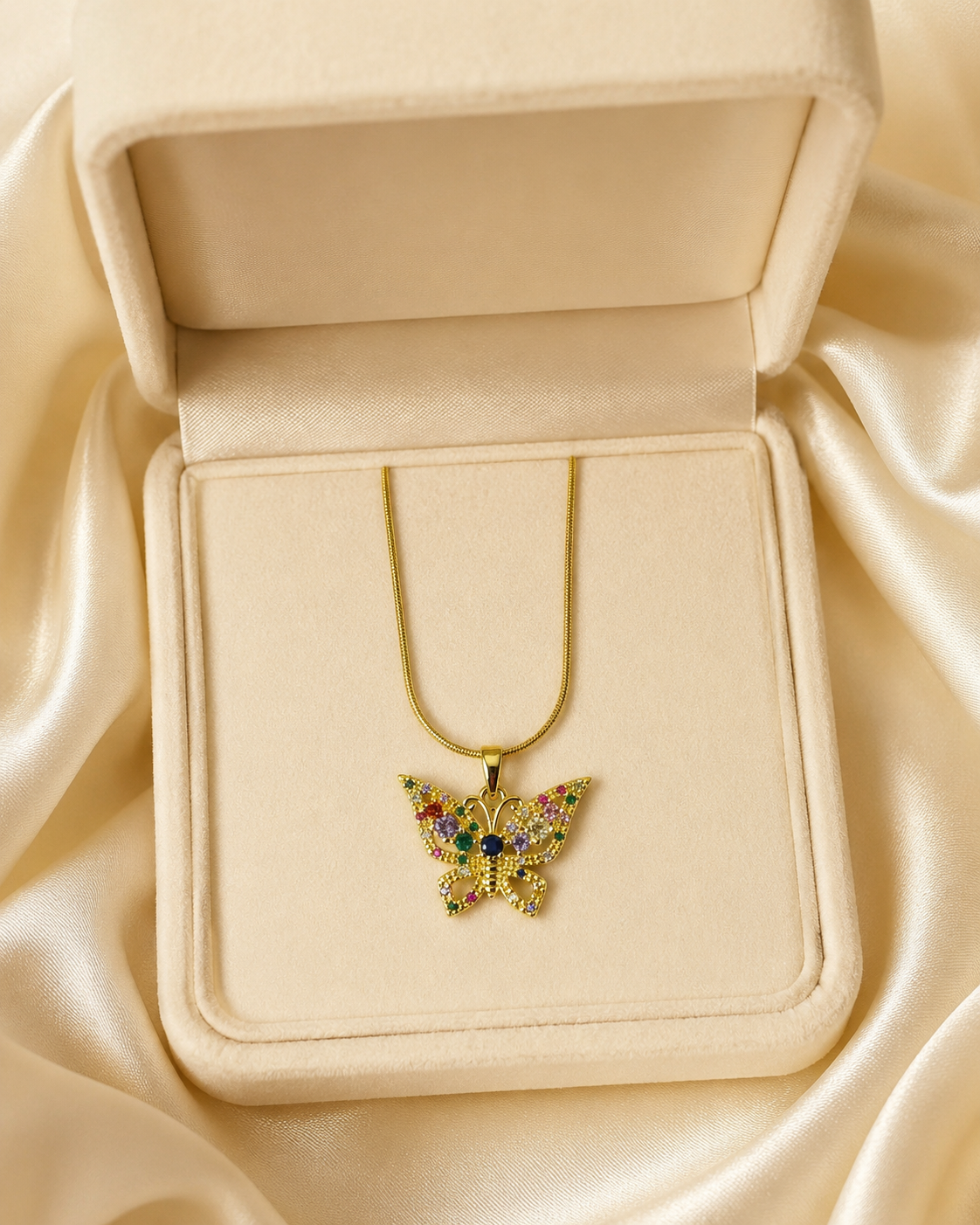 Gold-Plated Multicolour Crystal Butterfly Pendant Necklace