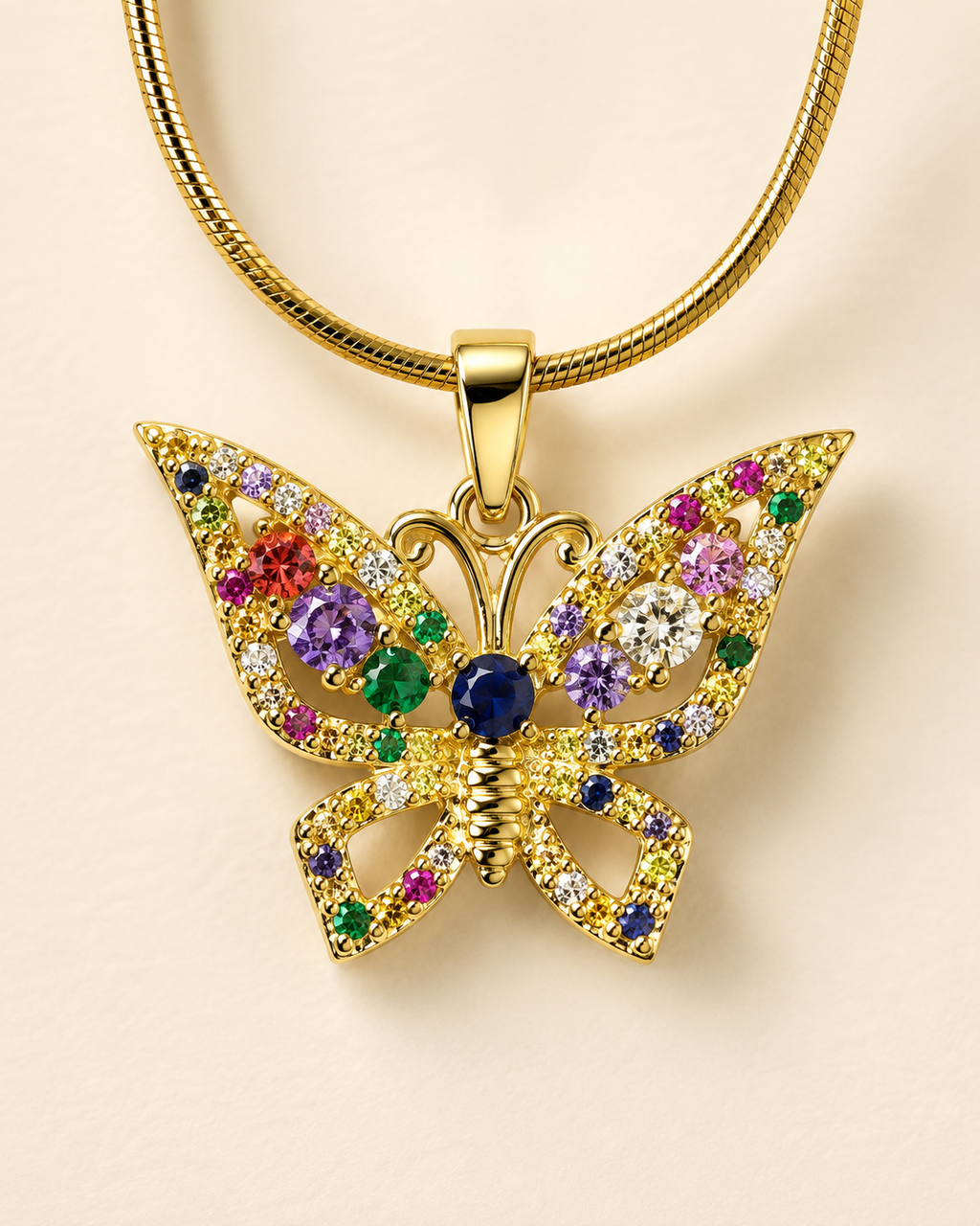 Gold-Plated Multicolour Crystal Butterfly Pendant Necklace