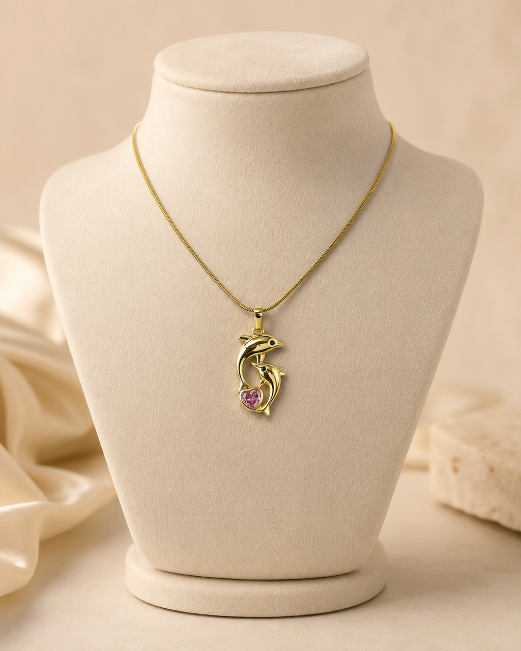 Gold-Plated Double Dolphin Heart Crystal Pendant Necklace