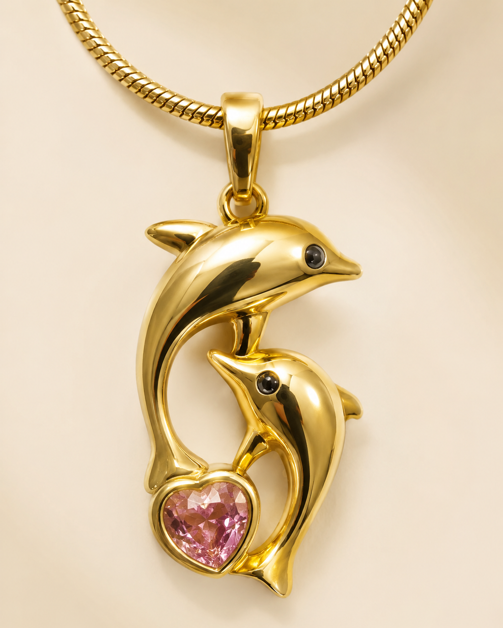 Gold-Plated Double Dolphin Heart Crystal Pendant Necklace