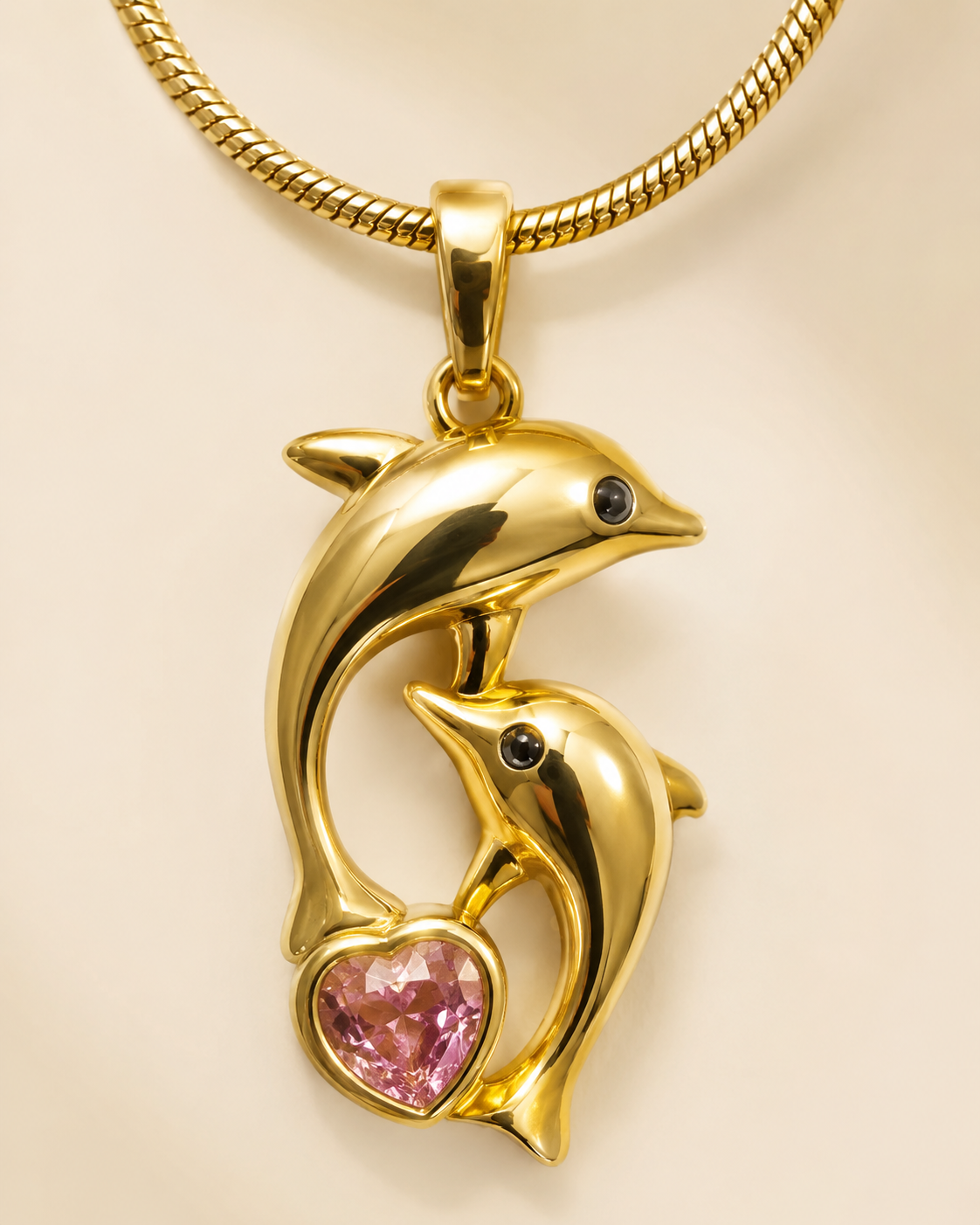 Gold-Plated Double Dolphin Heart Crystal Pendant Necklace
