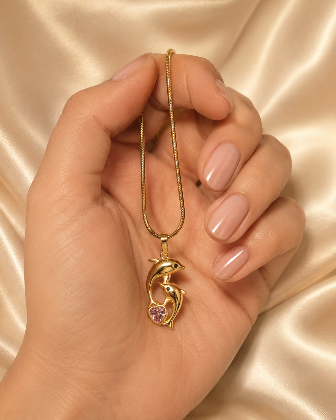 Gold-Plated Double Dolphin Heart Crystal Pendant Necklace