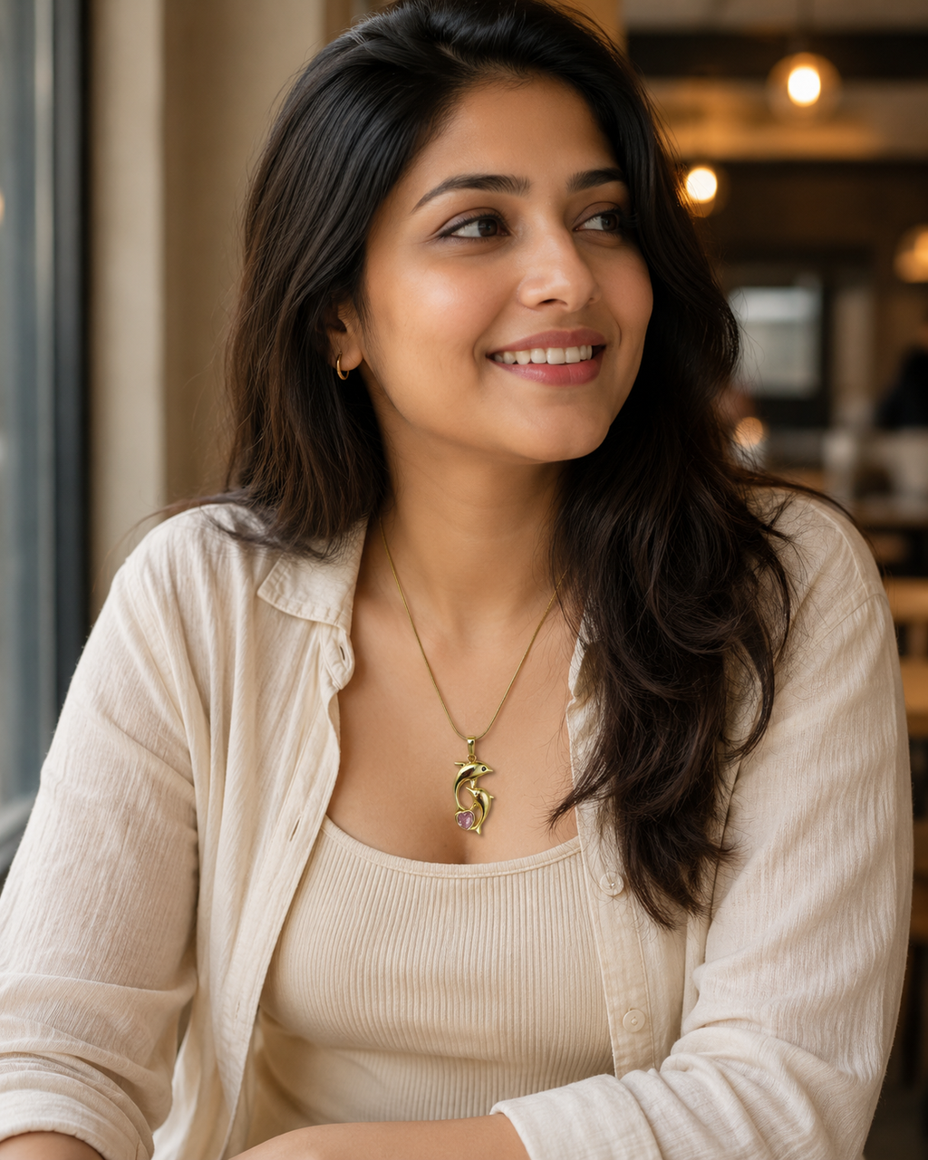 Gold-Plated Double Dolphin Heart Crystal Pendant Necklace