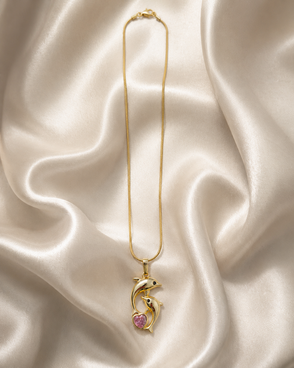 Gold-Plated Double Dolphin Heart Crystal Pendant Necklace