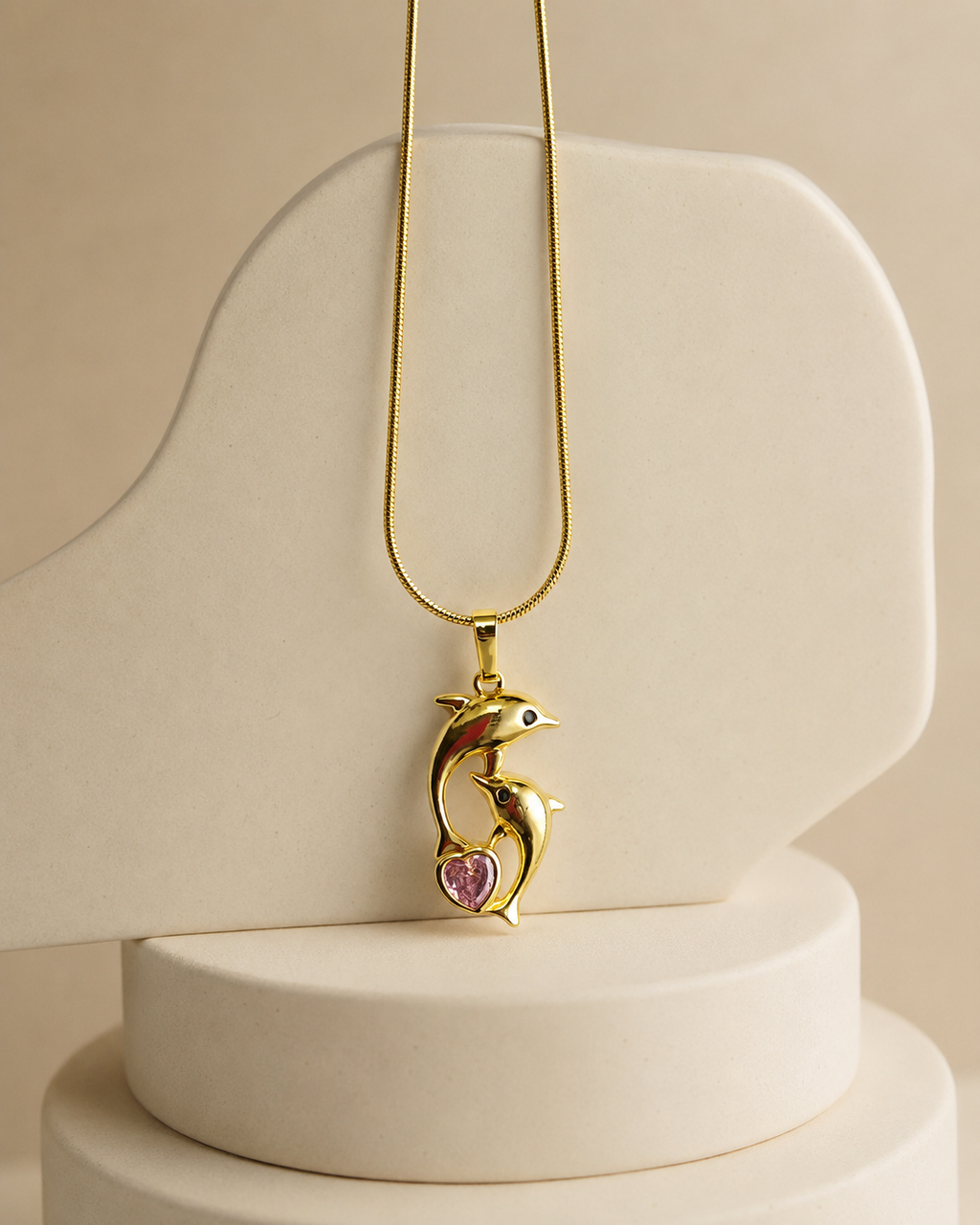 Gold-Plated Double Dolphin Heart Crystal Pendant Necklace