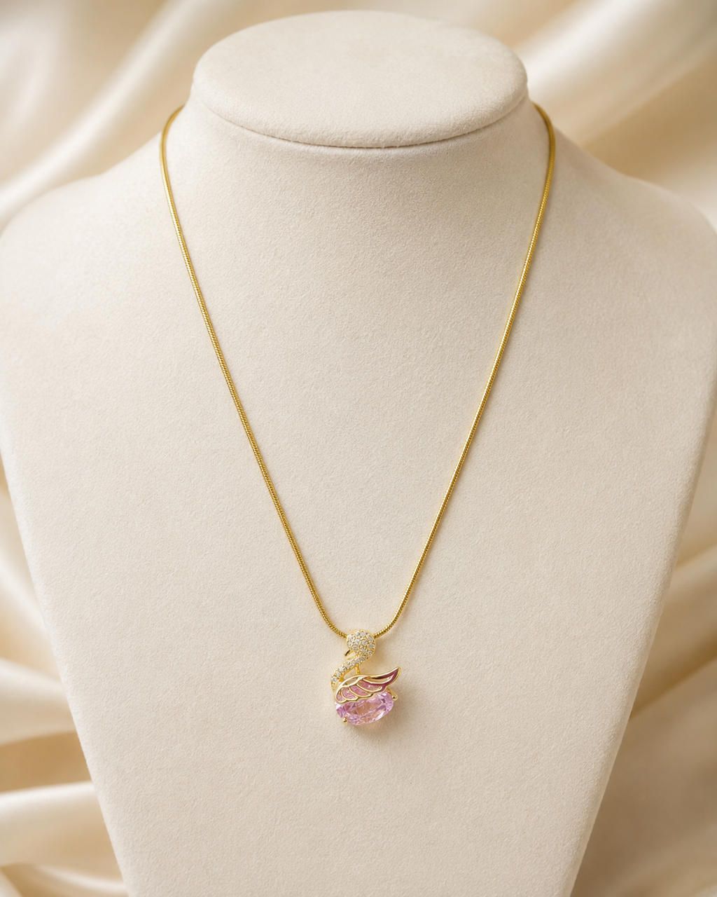 Gold-Plated Pink Crystal Swan Pendant Necklace