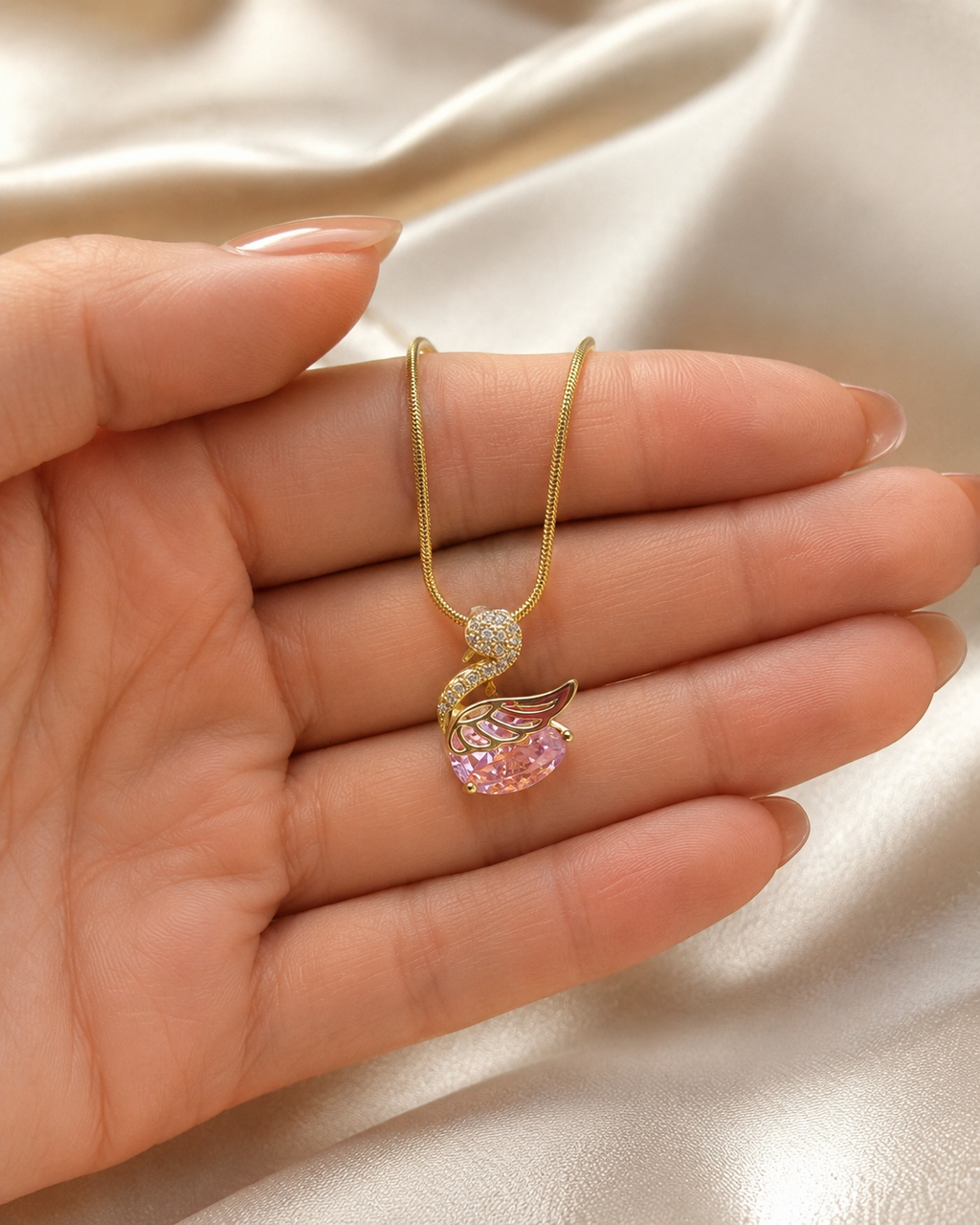 Gold-Plated Pink Crystal Swan Pendant Necklace